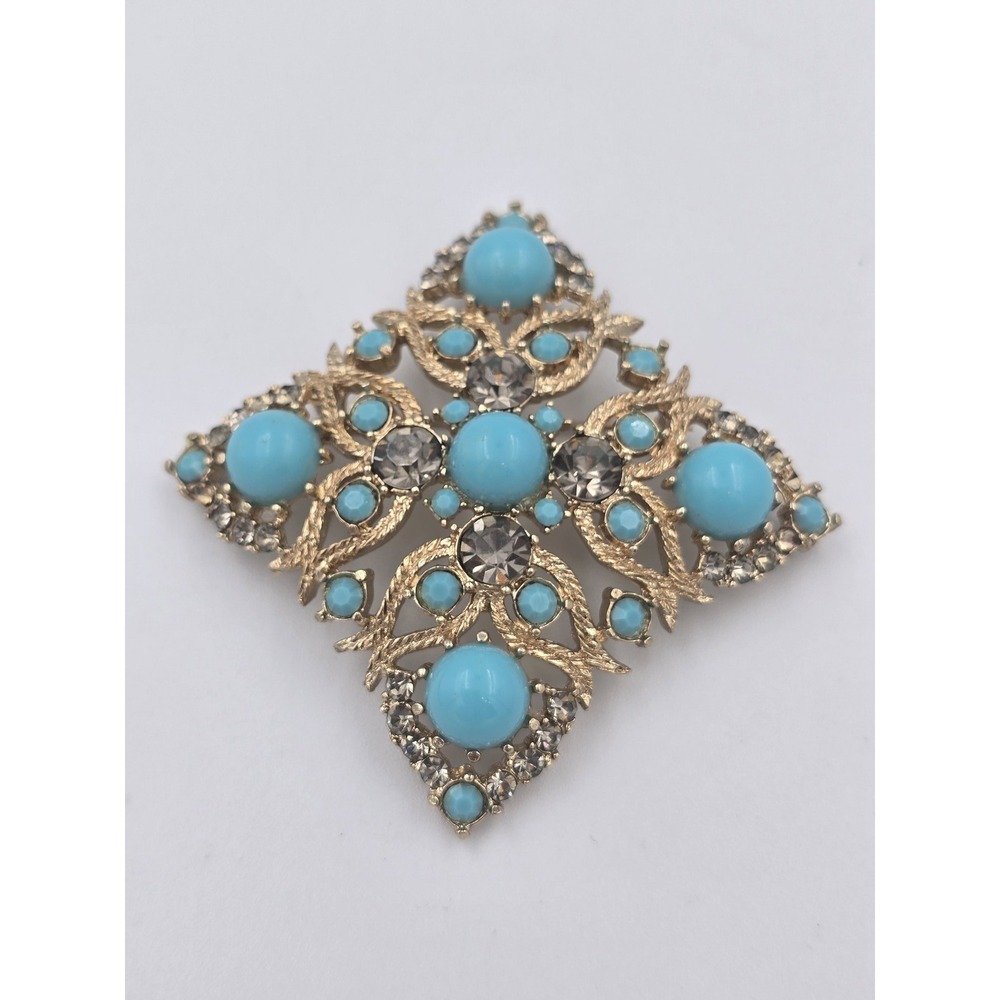 Vintage Bergere Faux Turquoise Rhinestone‎ Brooch Gold Tone Filigree Starburst